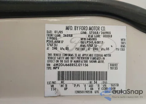 2005 Mercury Mountaineer from USA, damaged, VIN 4M2DU66E85ZJ21156